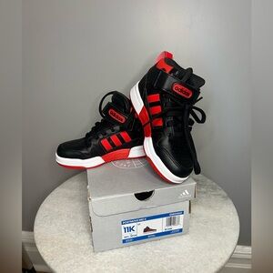 Toddler boys, size 11, red and black. Hi top Adidas sneakers.